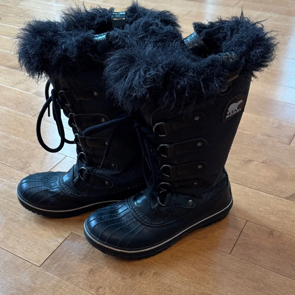 Sorel Black Glitter Tofino Tall Waterproof Boots in 6.5